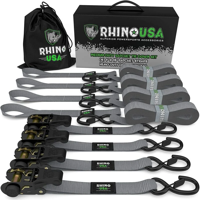 Rhino USA Medium Duty Ratchet Strap Tie-Down 4-Pack (Gray)