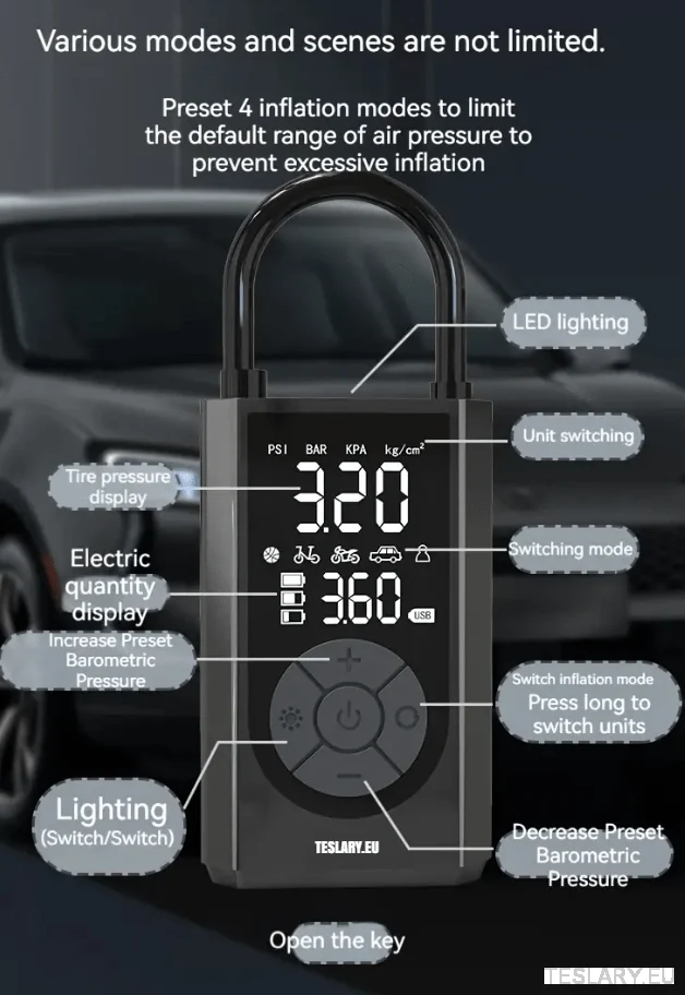 Bærbar batteridrevet dekkkompressor Tesla Model 3 Y S x - 2000mAh