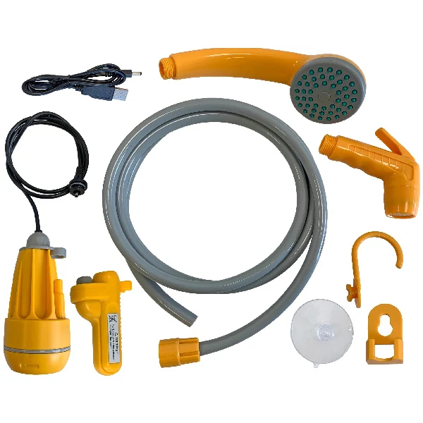 Oppladbar minidusj med pumpe og slange, 1,8 m, 2,5 l/min, 1,5 timers lading, USB-lader, krok og sugekopp
