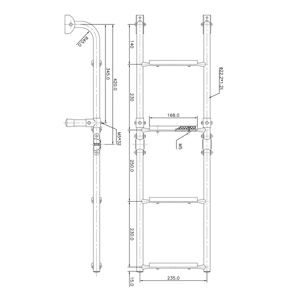 Badestige 2+2 trinn i teak, Rustfritt stål, 880 mm (235 mm)