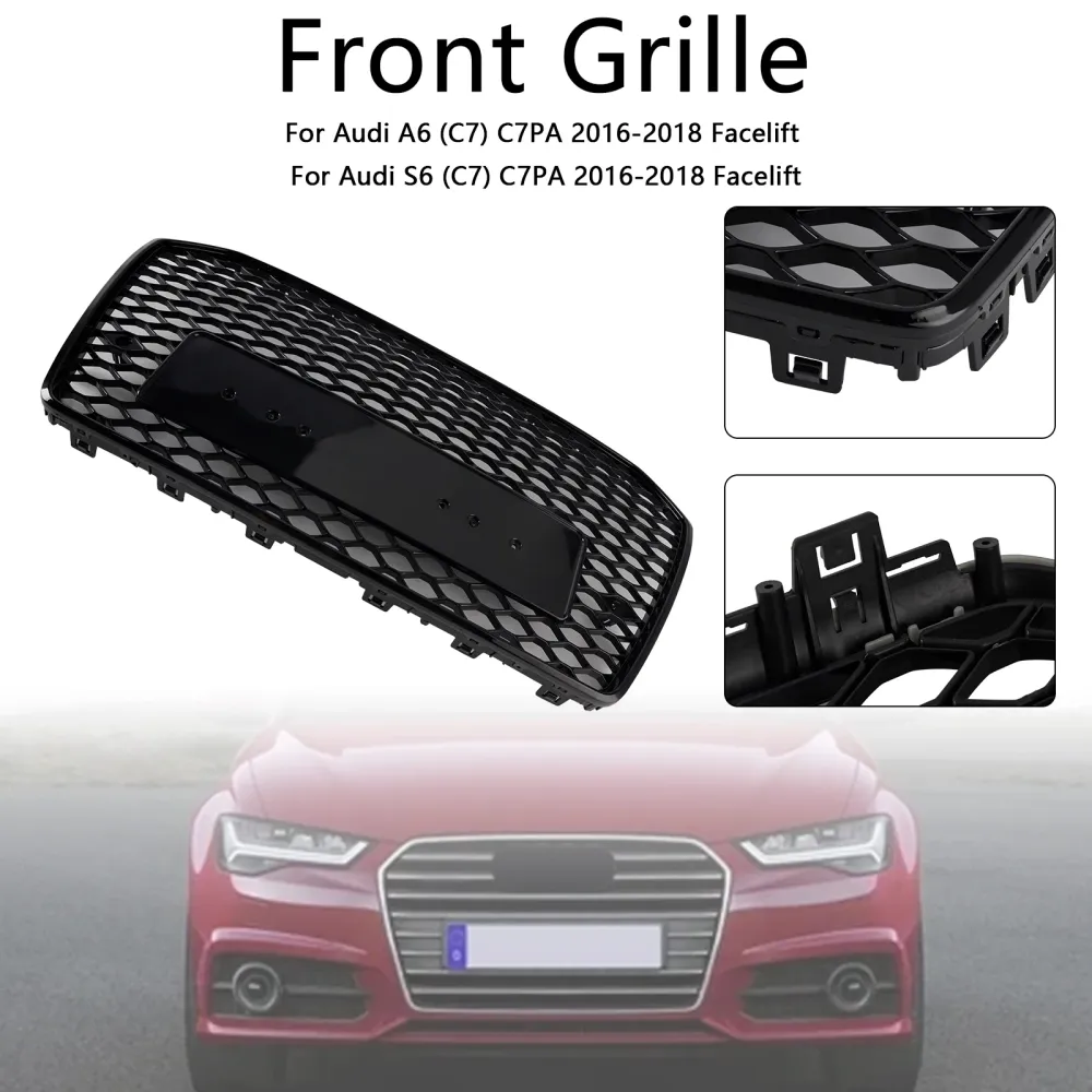 RS6 Style Front Honeycomb Mesh Grille Grill Fit Audi A6 S6 C7 2016-2018 Svart