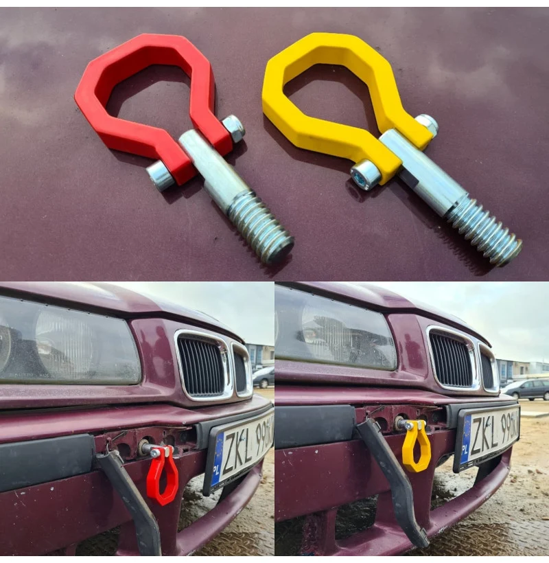 Slepekrok (Tow Hook) til BMW E36 E46 – Drift & Motorsport, gul, S355-stål 10 mm