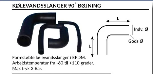 Støpt kjølevannslange 19 mm, EPDM, 300 mm, -60 til +110 °C, 2 bar