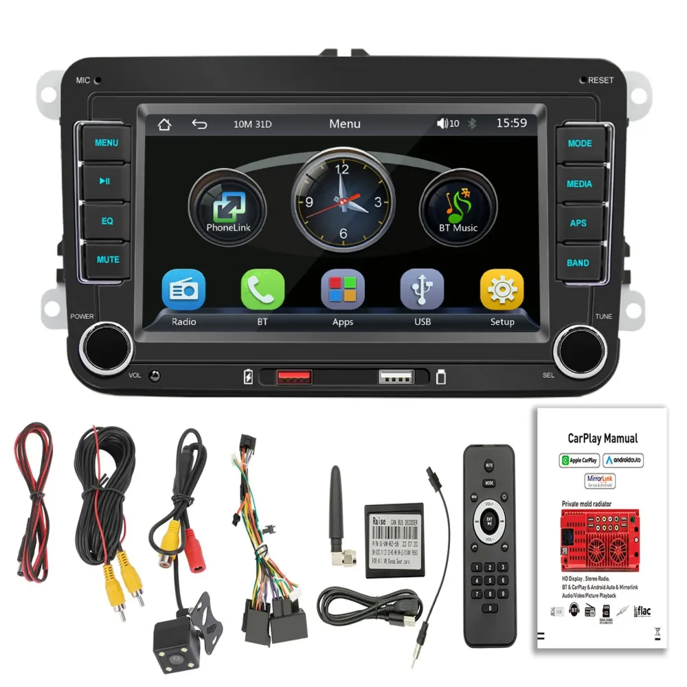 7" Volkswagen Bil Bluetooth Bilradio MP5-spiller Trådløs Carplay + 4 LED-kamera