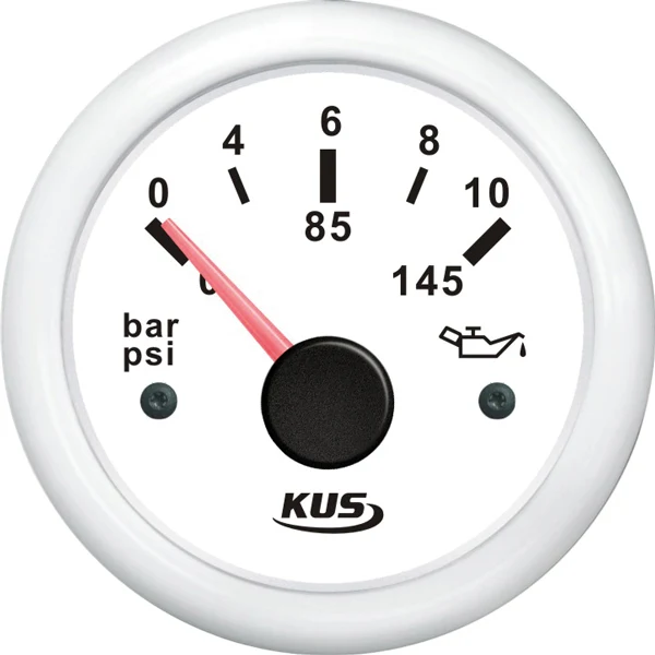 Kus, Oljetrykkmåler 0-10bar, hvit, IP67, Ø 52 mm