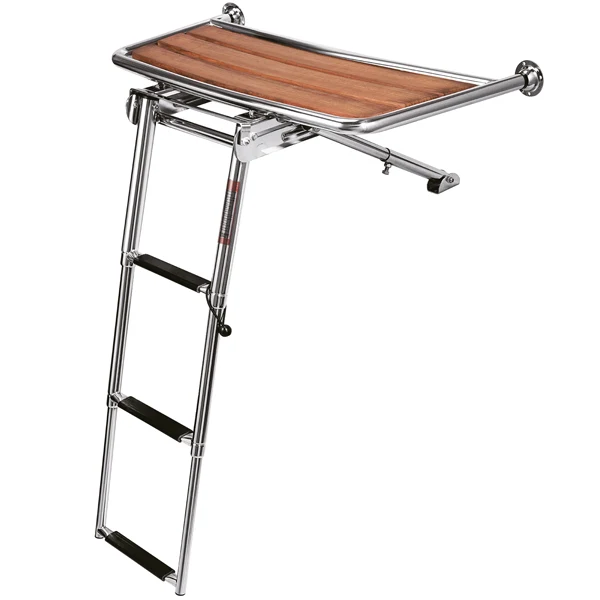 Badeplattform med 3-trinns teleskopstige, 84x38cm, rustfritt stål og teak, Ø: 25mm