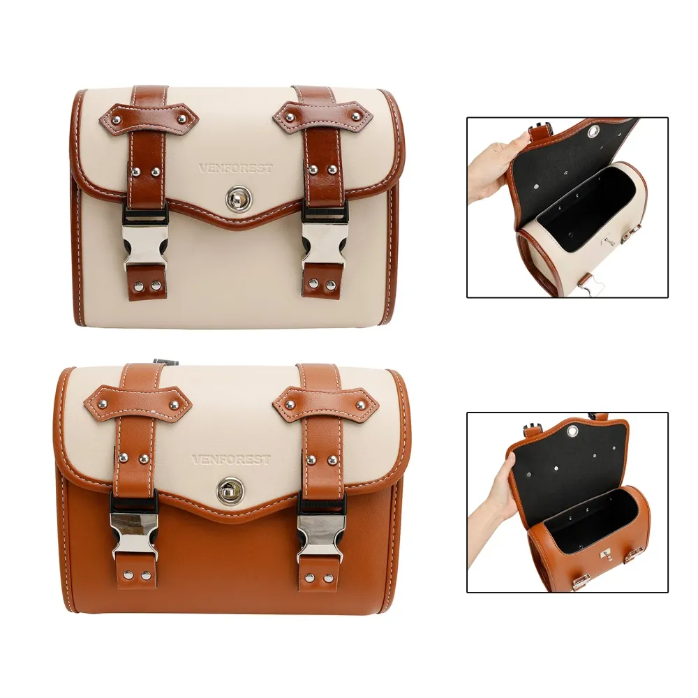 Saddlebag Side Storage Tool Bag Universal Color Matching PU Motorcycle Brown-White