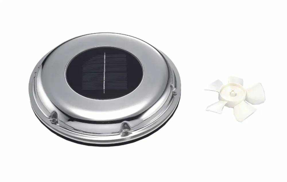 Solarvifte m/batteri og bryter, Ø220mm, 117mm monteringshull, rustfritt stål, ekstra propell