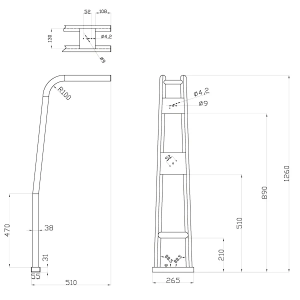 1852, Targa henger Sort RF, 145-230 cm, AISI 316, 126 cm