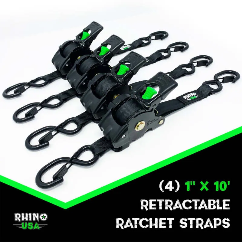 Rhino USA Retractable Ratchet Straps (4Pk 1Inx10Ft) (Blue)